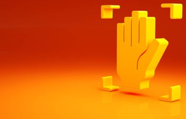 Sarı avuç içi parmak izi tanıma simgesi turuncu arkaplanda izole edildi. Biyometrik el taraması. Parmak izi tanımlaması. Sistem tanıma ve doğrulama. Minimalizm kavramı. 3d illüstrasyon 3B canlandırma.