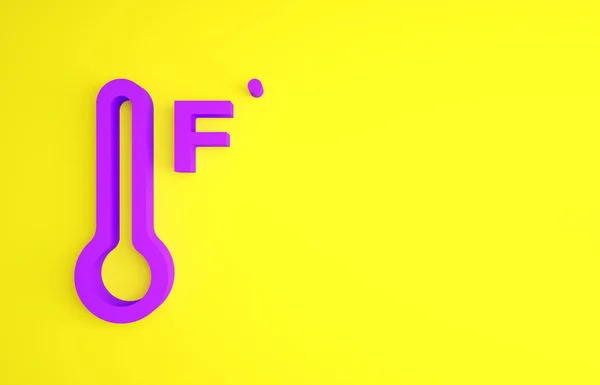 黄色の背景に隔離された熱と冷たいアイコンを測定する紫色の気象温度計 華氏の温度 最小限の概念 3Dイラスト3Dレンダリング — ストック写真