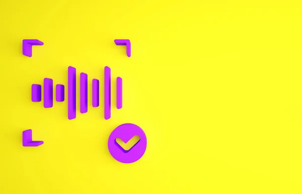 Purple Voice recognition icon isolated on yellow background. Voice biometric access authentication for personal identity recognition. Cyber security. Minimalism concept. 3d illustration 3D render.