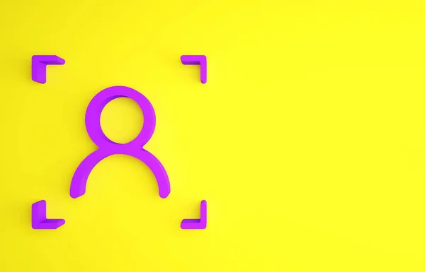 紫色人脸识别图标孤立在黄色背景 人脸识别扫描仪图标 面部识别码网络安全的概念 最低纲领的概念 3D渲染3D插图 — 图库照片