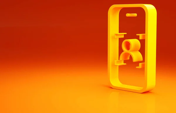 黄色手机和人脸识别图标隔离在橙色背景下 人脸识别扫描仪图标 面部识别码网络安全 最低纲领的概念 3D渲染3D插图 — 图库照片