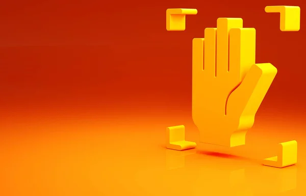 Yellow Palm print recognition icon isolated on orange background. Biometric hand scan. Fingerprint identification. System recognition and verification. Minimalism concept. 3d illustration 3D render.