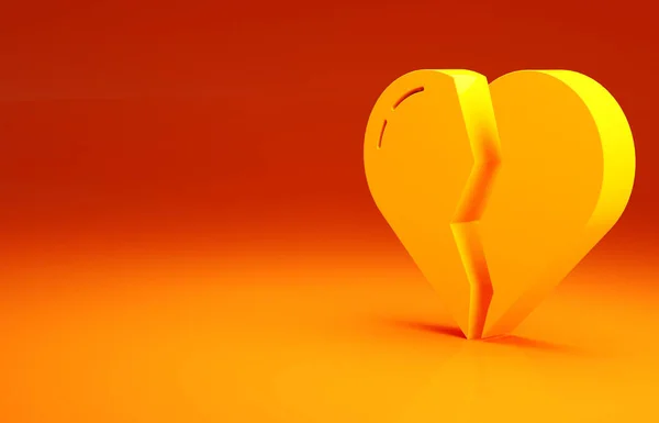 Yellow Broken heart or divorce icon isolated on orange background. Love symbol. Valentines day. Minimalism concept. 3d illustration 3D render.