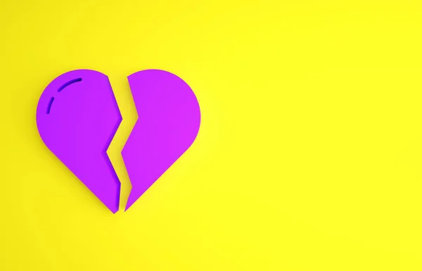 Purple Broken heart or divorce icon isolated on yellow background. Love symbol. Valentines day. Minimalism concept. 3d illustration 3D render.