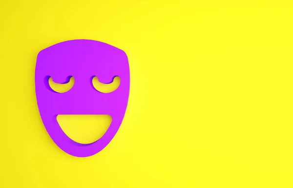 Purple Comedy theatrical mask icon isolated on yellow background. Minimalism concept. 3d illustration 3D render.