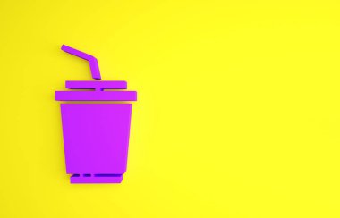 Sarı zemin üzerinde saman ve su ikonu olan mor kağıt bardak. Soda bardağı. Taze soğuk içecek sembolü. Minimalizm kavramı. 3d illüstrasyon 3B canlandırma.