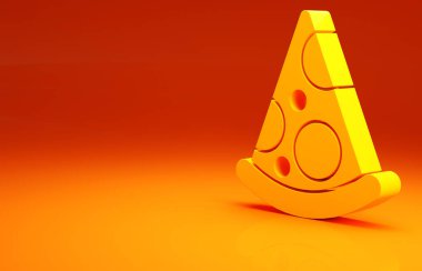 Sarı dilim pizza ikonu turuncu arka planda izole edilmiş. Fast food menüsü. Minimalizm kavramı. 3d illüstrasyon 3B canlandırma.