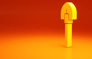 Sarı kürek simgesi turuncu arkaplanda izole edildi. Bahçe aletleri. Bahçecilik, tarım, çiftçilik aleti. Minimalizm kavramı. 3d illüstrasyon 3B canlandırma.