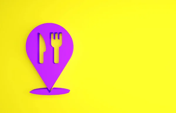 Purple Cafe Restaurant Location Icon Isolated Yellow Background Fork Spoon — Stock Photo, Image