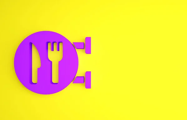 Purple Cafe Restaurant Location Icon Isolated Yellow Background Fork Spoon — Stock Photo, Image