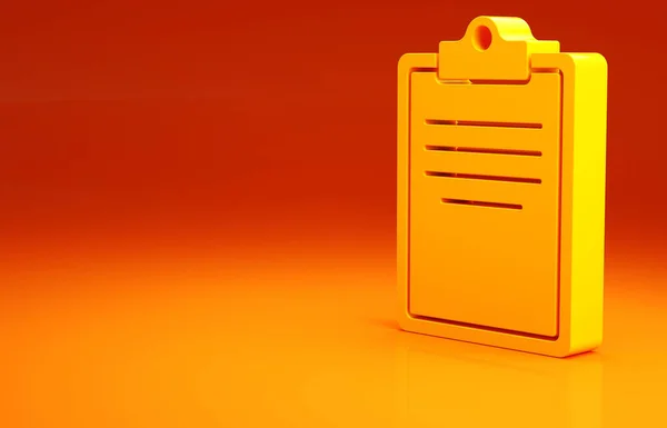 Yellow Clipboard with checklist icon isolated on orange background. Control list symbol. Survey poll or questionnaire feedback form. Minimalism concept. 3d illustration 3D render.