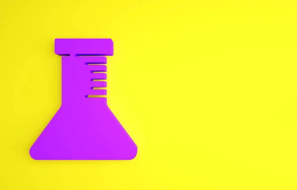 紫色试管和瓶图标隔离在黄色背景 化学实验室测试 实验室玻璃器皿 最低纲领的概念 3D渲染3D插图 — 图库照片