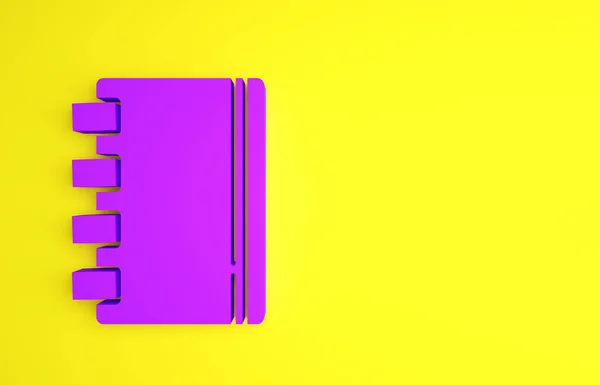 黄色の背景に隔離された紫のノートブックアイコン スパイラルノートパッドのアイコン 学校のノートだ パッドを書く 学校の日記 最小限の概念 3Dイラスト3Dレンダリング — ストック写真