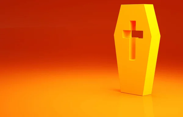 Gele Coffin Met Christelijk Kruis Pictogram Geïsoleerd Oranje Achtergrond Gelukkig — Stockfoto