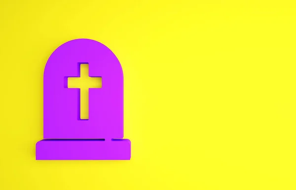 Lápida Púrpura Con Icono Cruz Aislado Sobre Fondo Amarillo Icono —  Fotos de Stock