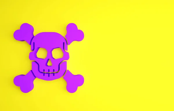 Purple Skull on crossbones icon isolated on yellow background. Happy Halloween party. Minimalism concept. 3d illustration 3D render.