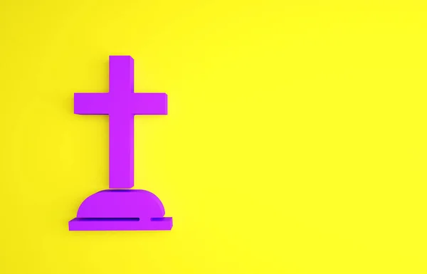 紫色墓碑与交叉图标隔离在黄色背景 雕刻的图标 最低纲领的概念 3D渲染3D插图 — 图库照片