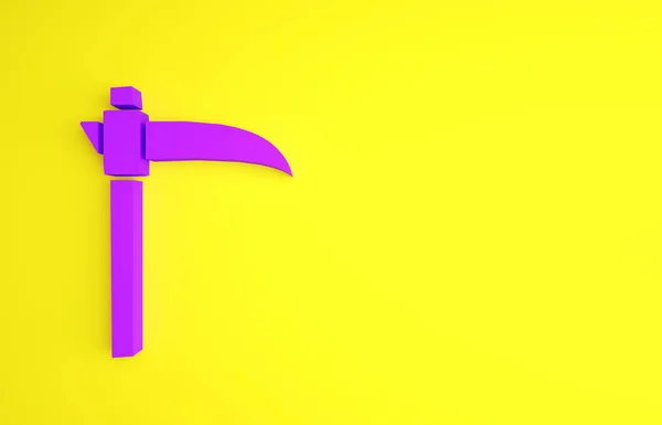 紫色的Scythe图标孤立在黄色的背景 万圣节快乐派对最低纲领的概念 3D渲染3D插图 — 图库照片