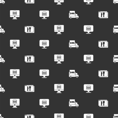 Hızlı teslimatı arabayla, online siparişi ve hamburgeri kusursuz bir şekilde ayarlayın. Vektör.