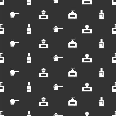 Bir şişe şampuan, temizlik malzemesi, çamaşır deterjanı ve ıslak mendil. Vektör.