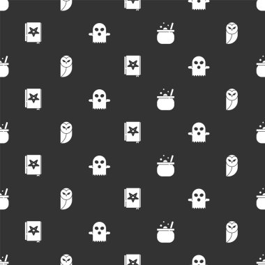 Cadılar Bayramı cadı kazanı, Baykuş, Eski büyü kitabı ve Hayalet 'i kusursuz bir düzene sokun. Vektör.