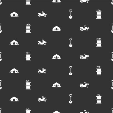 Kazma küreği, el bombası, askeri sağlık çadırı ve jipi sorunsuz bir şekilde yerleştirin. Vektör.