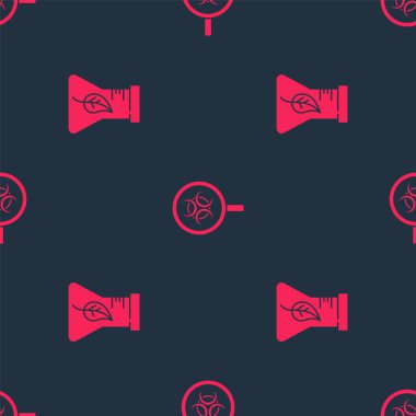 Test tüpünü, matarayı ve Biyolojik tehlike büyütecini kusursuz desene ayarlayın. Vektör.