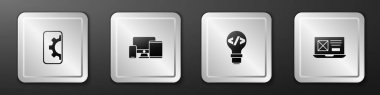 Web geliştirme, Monitör, mobil, tablet, Önuç ve UI UX tasarım simgesini ayarla. Gümüş kare düğme. Vektör.