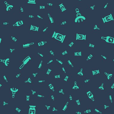 Barbekü kömür torbasını, sosisi çatala, et helikopterini ve ketçap şişesini dikişsiz desene ayarlayın. Vektör.