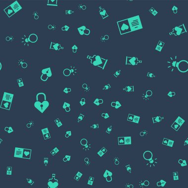 Aşk iksiriyle şişeyi, Sevgililer Günü partisi ilanını, Castle 'ın kalp şeklini ve pırlanta nişan yüzüğünü kusursuz şekilde ayarla. Vektör.