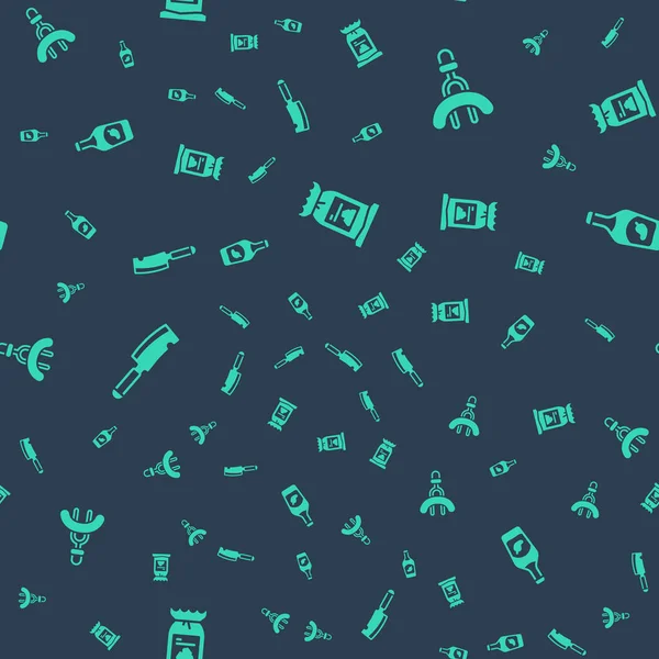 Barbekü kömür torbasını, sosisi çatala, et helikopterini ve ketçap şişesini dikişsiz desene ayarlayın. Vektör.