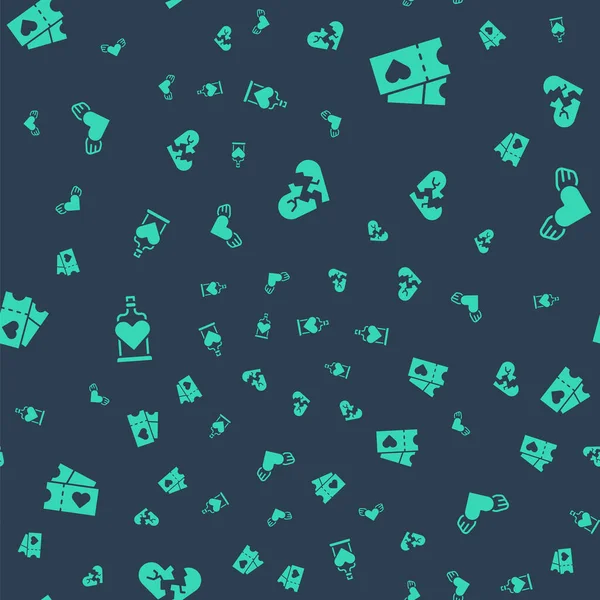 Kırık kalp ya da boşanma, aşk bileti, aşk iksiri şişesi ve kalp kanatları kusursuz desende. Vektör.