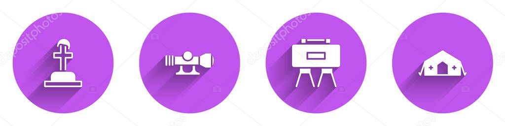 Set Soldier grave, Sniper optical sight, Military mine and medical tent icon with long shadow. Vector.