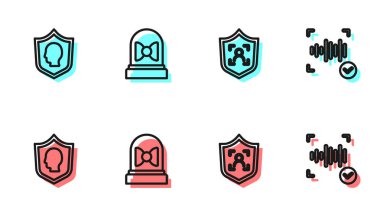 Satır Kalkanı yüz tanıma, Kullanıcı koruması, Hareket sensörü ve Ses simgesi ayarla. Vektör.