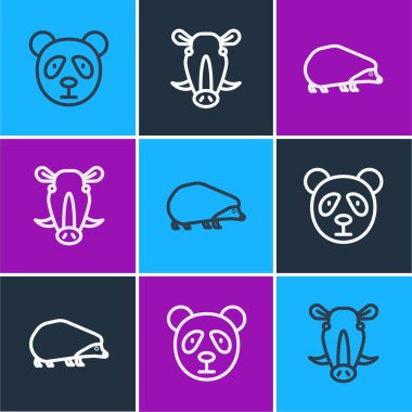 Sıra Şirin panda surat, Kirpi ve Yaban domuzu kafası ikonu. Vektör.