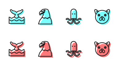 Ahtapot hattı, okyanus dalgasında balina kuyruğu, kartal kafası ve kedi ikonu. Vektör.