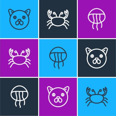 Çizgiyi belirle Kedi, Denizanası ve Yengeç ikonu. Vektör.