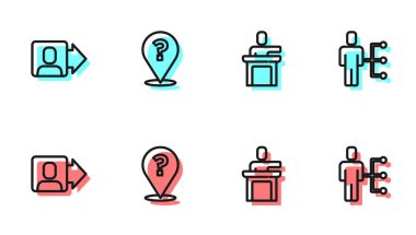 Hat Sözcüsü, Takım Lideri, Soru İşareti ve Takım Elbiseli Adam ikonu. Vektör.