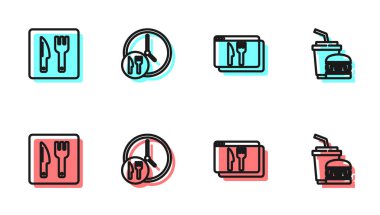 Çevrimiçi sipariş ve teslimat hattı, kafe restoranının yeri, 24 saat ve kağıt cam burger ikonu. Vektör.