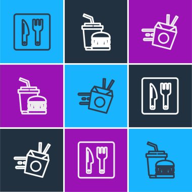 Set hattı, kafe ve restoran, online erişte siparişi ve kağıt cam burger ikonu. Vektör.
