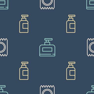 Prezervatifi paket güvenli sekse, bir şişe şampuana ve pürüzsüz kalıba göre ayarla. Vektör.