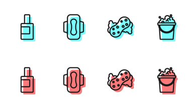 Sünger, temizlik malzemesi şişesi, hijyenik peçete ve sabun köpüklü kova. Vektör.