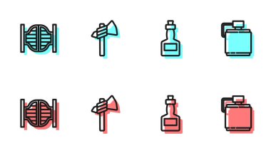 Tabasco sosu, salon kapısı, Tomahawk baltası ve kantin su şişesi ikonu. Vektör.