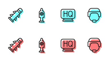 Askeri karargah, Roket, atış ve kask ikonu için insan hedef sporu. Vektör.