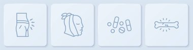 Karın şişmesi, ilaç hapı ya da tablet, diş ağrısı ve kemik ağrısı. Beyaz kare düğme. Vektör.