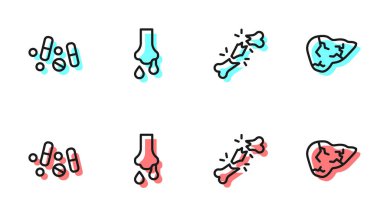 Kırık insan kemiği, ilaç hapı ya da tablet burun akışı ve Hepatit virüsü ikonu. Vektör.