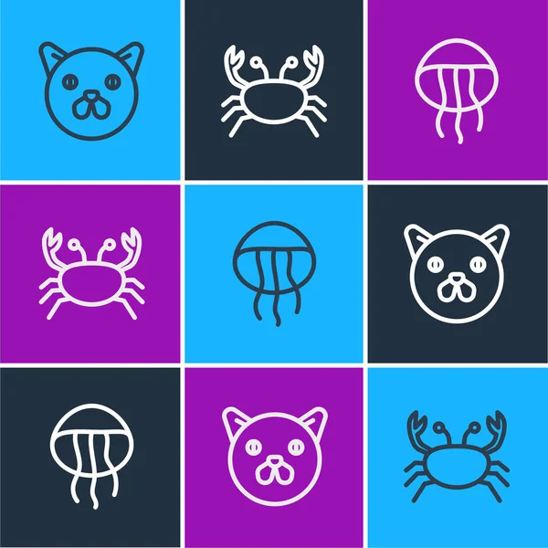 Setzen Sie Linie Katze Qualle Und Krabbe Symbol Vektor — Stockvektor