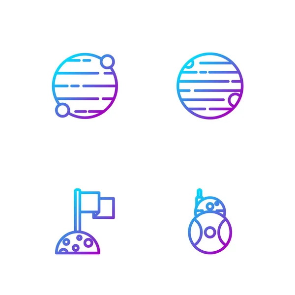 Set Línea Robot Luna Con Bandera Planeta Iconos Color Degradado — Vector de stock