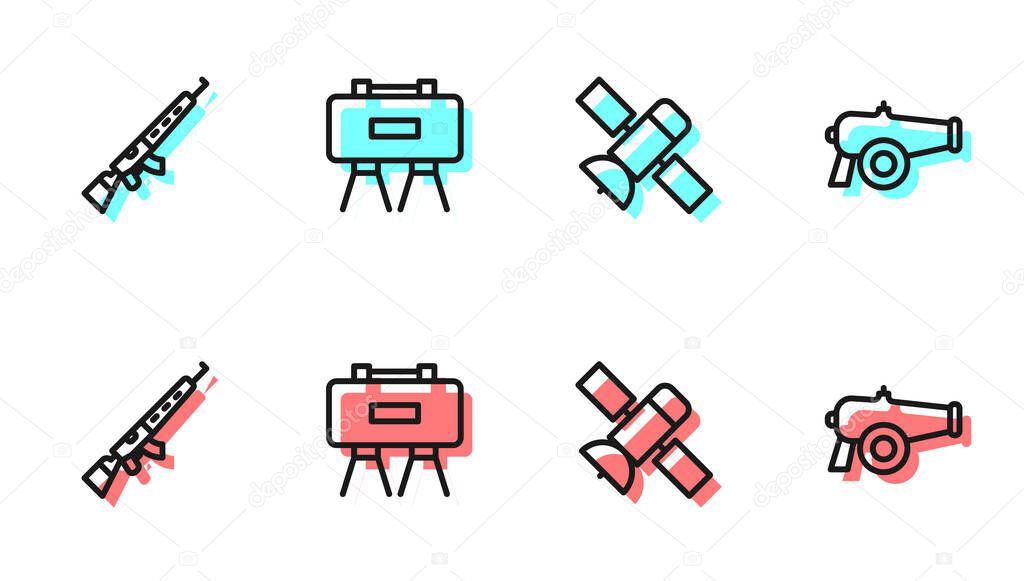 Set line Satellite, Sniper rifle with scope, Military mine and Cannon icon. Vector.