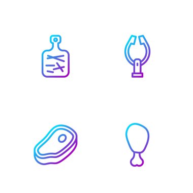 Hattı ayarla tavuk budu, biftek eti, kesme tahtası ve et maşası. Renk simgeleri. Vektör.